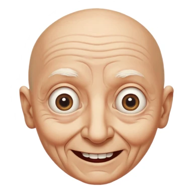A bald person who’s very old is staring, head upright and looking at the camera with very wide eyes and a massive smile, in a very creepy way. sticker