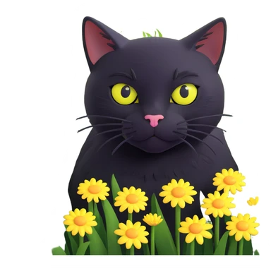 A black cat with big, expressive yellow eyes hiding in a lush green field filled with daisies and dandelions sticker