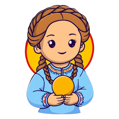 Ukrainian young girl with braided hair wearing traditional vyshyvanka embroidered shirt holding the sun in her hands sticker