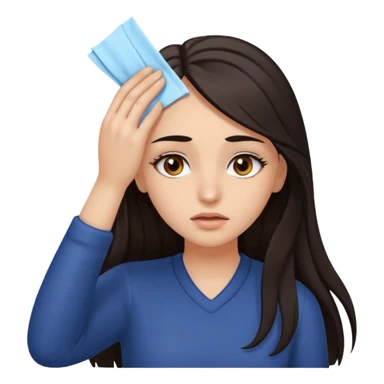 Girl with brown eyes and bold eyelashes and long dark hair wiping her forehead in relief sticker
