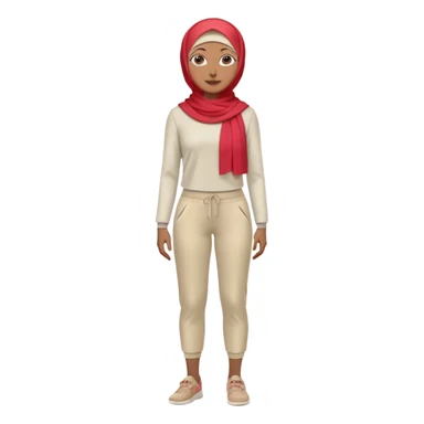 woman with medium-brown skin wearing a light red hijab, cream top, light red pants, tan shoes, and a visible gray below-knee hook-shaped prosthetic leg. Standing confidently with one hand on her hip sticker