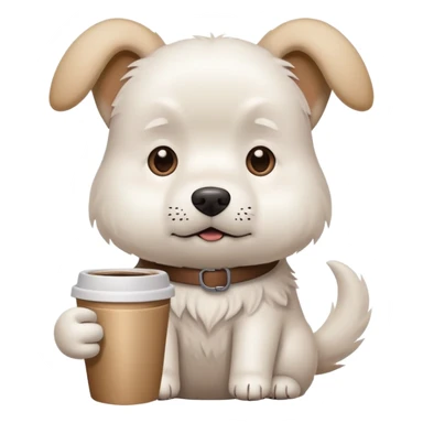 A white dog holding a coffee cup looking stressed and busy sticker