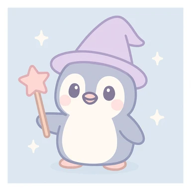 a penguin dressed as a wizard, with a pointy hat and a magic staff, in a fun and whimsical style sticker