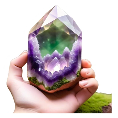 Ethereal hand silhouette (barely visible) cradling a raw amethyst geode prism, light refracting into natural scenes (e.g., skincare products in a spa), moss green (#8A9B6E) and terracotta (#B47157) gradients, soft bokeh light spots, earthy yet luxurious vibe  sticker