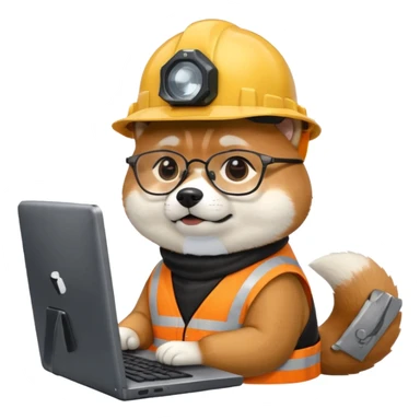 shiba inu with eye glasses and computer wearing a hard hat sticker