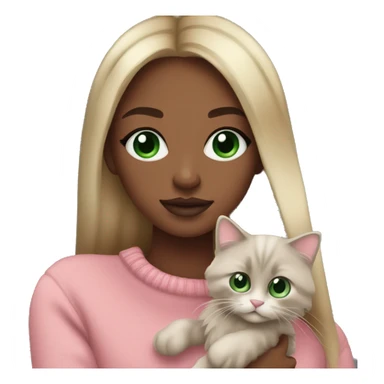 Dark blond girl, Green eyes, brown skin, long lashes, big rosé lips, pink sweater, holding ragdoll grey in arms sticker