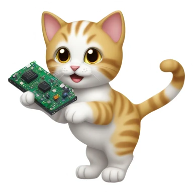 happy kitten playing with a circuit board sticker