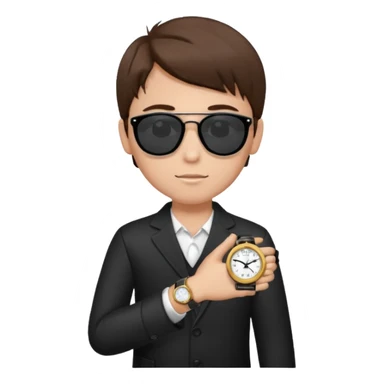 Un niño con pelo lacio color castaño,con lentes de sol negros y un reloj en la mano sticker