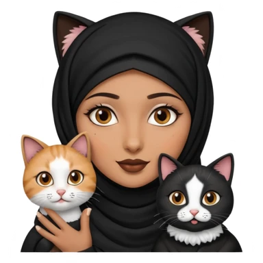 A Arabic woman human with brown eyes and black hijab. , the human is a human no cat ears, two cats, the both cats have the colour black and white in the same colour,   sticker