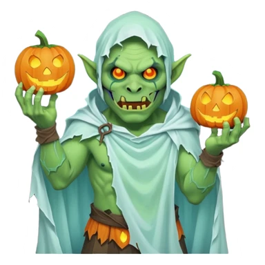 male orc ghost emoji, green skin, tusks, wearing torn white ghost sheet costume, holding glowing jack-o'-lantern, faint blue aura, friendly but spooky expression, Halloween fantasy theme, Apple emoji style, clean white background, square sticker