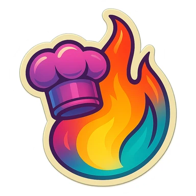 chef's hat with a trail of fire emoji, playful, synthwave colors, vibrant, matching style reference file
 sticker