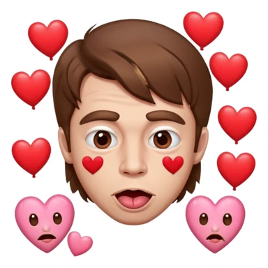 A cross eyed man with brown hair goon face their tongue out far with Valentine’s Day decor/hearts around eyes facing different directions sticker
