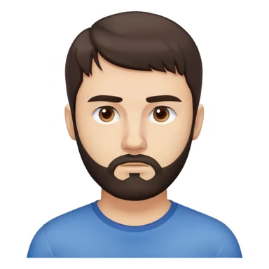 Caucasian man with straight dark brown hair styled loose with fringe, short full beard, neutral serious expression, simple blue shirt sticker
