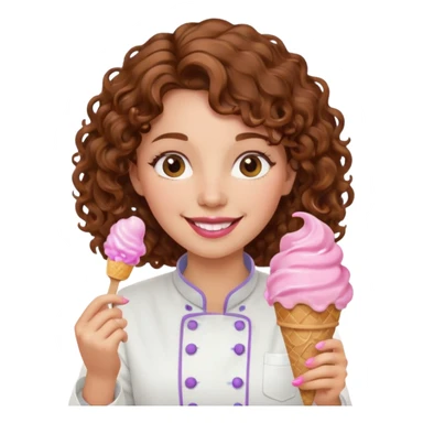 woman brown curly hair, chef, eating pink ice cream sticker