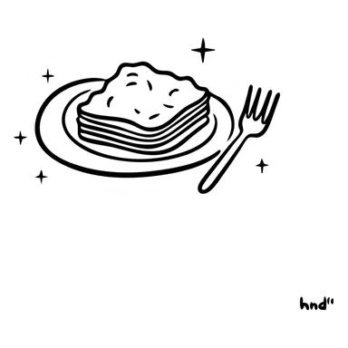 A plate with layered lasagna, fork on the side sticker