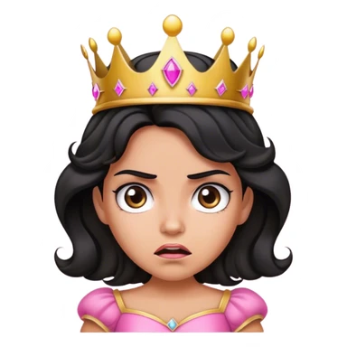 Very tanned princess, with black wavy hair and a crown, a pink princess Outfit But angry sticker
