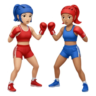 two women sparring, one in blue and one in red sticker