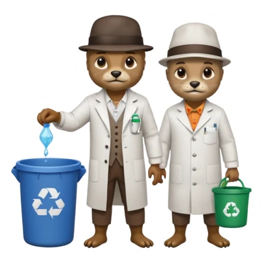 an otter disguised as a man picking up trash bins, next to a mad scientist sticker
