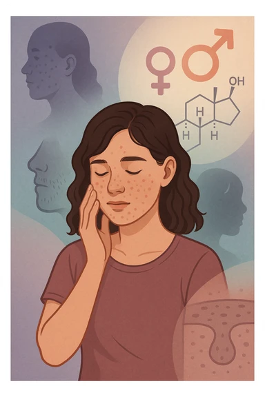 A young woman is surrounded by faint overlays of hormonal symbols and androgen molecules, with shadowy images of acne, facial hair, and oily skin projected around her, symbolizing the symptoms of PCOS with androgen excess. She looks down, gently touching her face with a resigned but hopeful expression, symbolizing her journey toward managing these symptoms. in italiano sticker