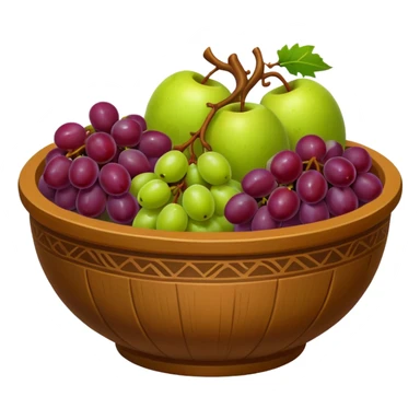medieval fruit bowl object icon, grapes apples pears, clay bowl, warm rustic look, 3D cartoon, mobile game icon style, clean background, no text, no watermark
 sticker