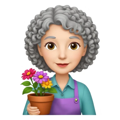 Older female florist – curly hair, hold flower pot sticker