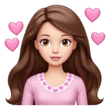 Barbie girl and  makeup , brown long straight wavy hair and brown eyes is In pale pink clothes There are pink hearts all around sticker