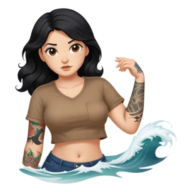 A girl with fair skin and a little fat - long black hair with big waves - tattoos on her arms - wearing a brown navel-revealing short-sleeved shirt sticker
