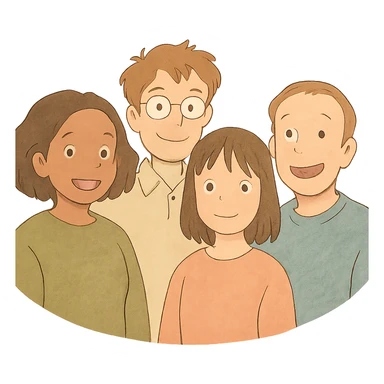 ghibli style group logo with soft colors and friendly group of people sticker