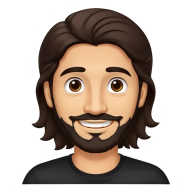 Hombre latino piel canela, cara redonda-ancha, scruff sin barba completa, cejas gruesas, pelo oscuro ondulado flat largo hasta el cuello. Sonrisa amplia, expresión alegre. Camisa negra. Size large.  sticker