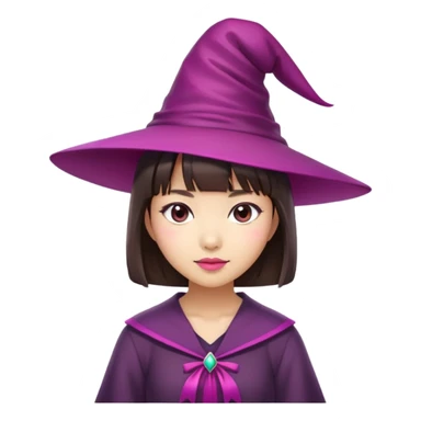 Naked woman, asian woman, naked asian woman, brunette, brunette hair, short hair, with bangs, short hair with bangs, witch hat on top of head, magenta witch hat sticker