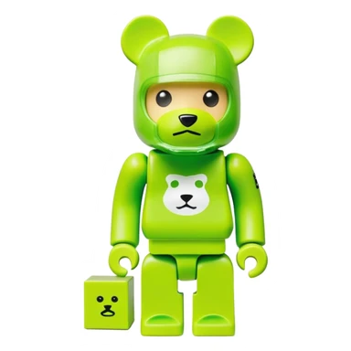 geometric bearbrick figurine with cube-shaped head, lime green balaclava with Supreme box logo on it, expressive eyebrows visible, toy design sticker