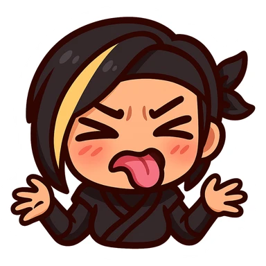 Sexy chibi ninja girl with black short hair and a blonde streak, only head and arms, colorful chibi style with bold outlines, transparent background, no mask, 'ew' expression with scrunched nose, tongue sticking out, and squinting eyes, sized for Twitch emoji use. sticker
