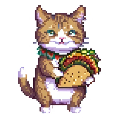 a taco cat running, dynamic pose, pixel art style, bright colors, cat with motion blur effect sticker