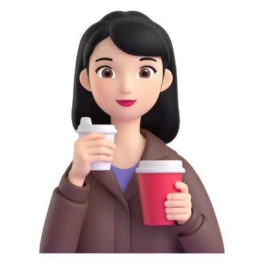 black-haired girl with a to-go coffee cup, emoji style sticker
