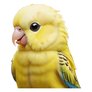 Cinematic Cute Yellow Budgie Portrait Emoji, Head tilted playfully and inquisitively, featuring a radiant yellow feathered fur with a natural sheen, round, sparkling dark eyes filled with curiosity, Simplified yet irresistibly adorable features, highly detailed, glowing with a warm, friendly glow, high shine, affectionate and lively, stylized with a touch of whimsy, bright and endearing, soft glowing outline, capturing the essence of a mischievous yet loving budgie, so playful it feels like it could chirp out of the screen and into your arms! sticker