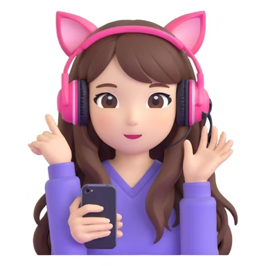 Adorable Japanese girl with long hair, cute cat ear headphones and holding smartphone sticker
