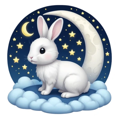 a white bunny in the foreground (no small details) and a large crescent moon in the background sticker