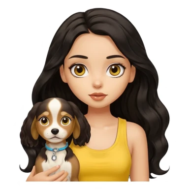 brown pretty bratz girl with long wavy black hair, wearing a yellow tank top with a dog sticker