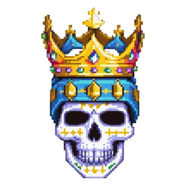 pixel art of a colorful skull with vibrant colors, wearing a gold crown and a bright ski mask sticker