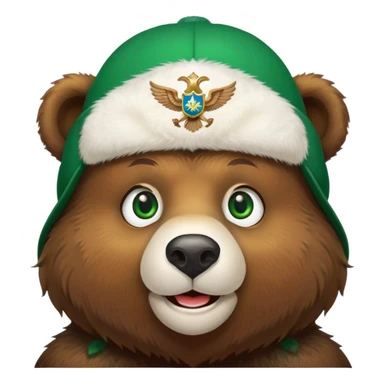 Smiling brown bear face with vivid green eyes, wearing traditional white ushanka hat featuring double-headed eagle emblem, Russian style sticker