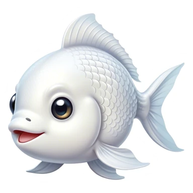 Cinematic Cute White Goldfish Portrait Emoji, Head tilted playfully and inquisitively, featuring a glossy, pure white body with delicate, shimmering scales and round, sparkling pale eyes filled with curiosity, Simplified yet irresistibly adorable features, highly detailed, glowing with a warm, friendly glow, high shine, affectionate and lively, stylized with a touch of whimsy, bright and endearing, soft glowing outline, capturing the essence of a mischievous yet loving goldfish, so playful it feels like it could swim out of the screen and into your heart! sticker