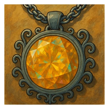 Add a silver chain or ornate setting to the round cut holographic amber charm, keeping the extreme close-up and original style sticker