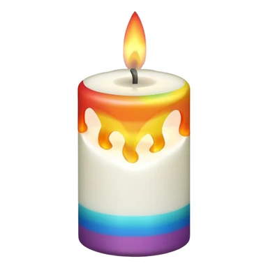 white candle with a rainbow flame sticker