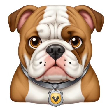 english bulldog with a security badge sticker