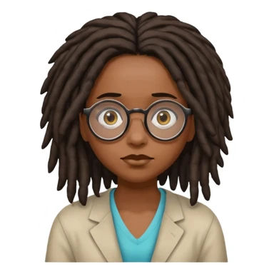 darker skin female with dark dreadlock hair wearing large round glasses shrugging her shoulders sticker