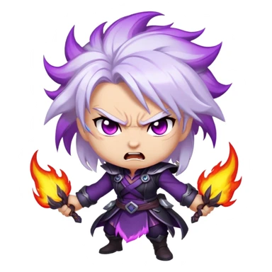 Chibi Sable Ward with rage expression, furious face, glowing purple eyes, white hair with purple streaks, flaming effect around her, angry expression sticker
