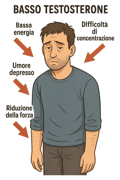  un uomo con espressione affaticata, circondato da frecce rosse che evidenziano sintomi di testosterone basso. Le frecce sono accompagnate da scritte in italiano come “Bassa energia”, “Difficoltà di concentrazione”, “Umore depresso”, “Riduzione della forza”. L’ambiente è semplice, con colori neutri e dettagli realistici. sticker