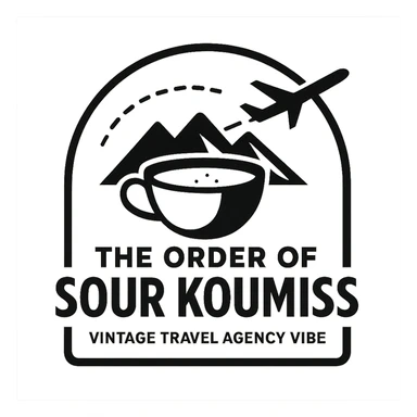 A black and white 90s-style logo for 'The Order of Sour Koumiss' with a vintage travel agency vibe, featuring a minimalist design sticker