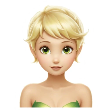 Cinematic Realistic Blonde Tinker Bell Fairy Portrait, depicted with lifelike, delicate skin glowing with a subtle radiant aura, soft natural lighting accentuating her gentle features, and intricately detailed golden blonde hair styled in a whimsical pixie cut. Her iridescent, translucent wings shimmer with delicate fairy dust, and her expressive, sparkling eyes reflect a world of magic. Adorned in a subtle blend of woodland greens and soft pastel accents, the portrait exudes an enchanting glow that seamlessly merges realism with fairy charm. sticker