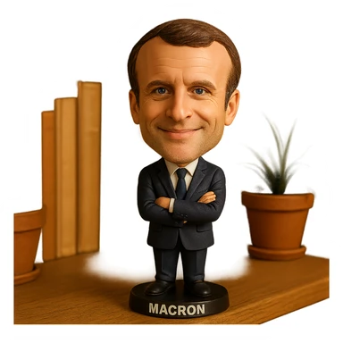 bobblehead style figure of Emmanuel Macron, French president, suit and tie, oversized head, confident smile sticker